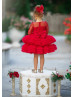 Long Sleeves Red Lace Tulle Ruffled Flower Girl Dress